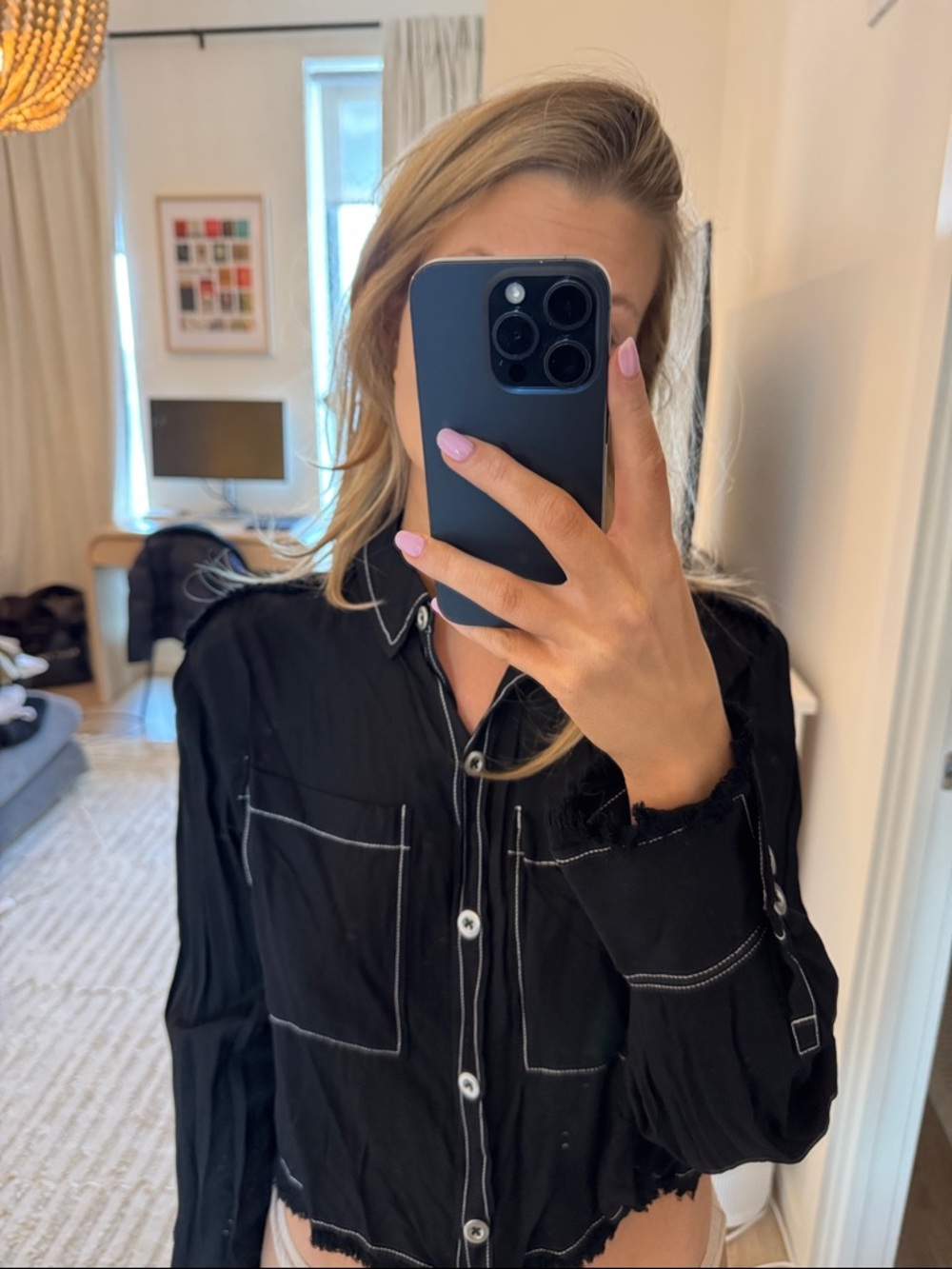 Anthropologie Black Button-Front Blouse with White Topstitching